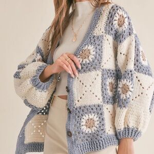 Cozy Blue and Cream Crochet Sweater